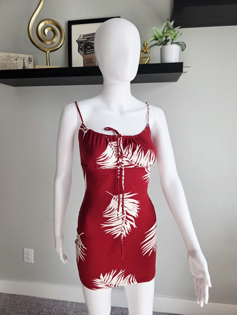Red Palm-Print Spaghetti Strap Mini Dress